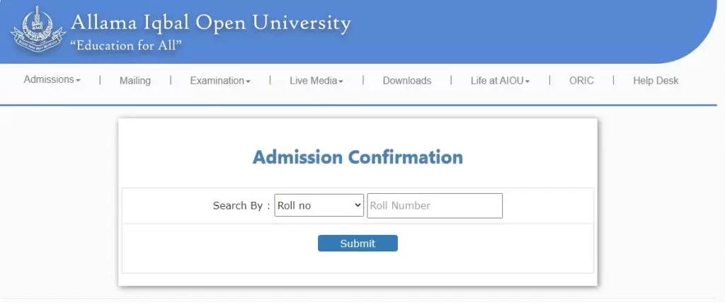 AIOU admission confirmation status by roll number