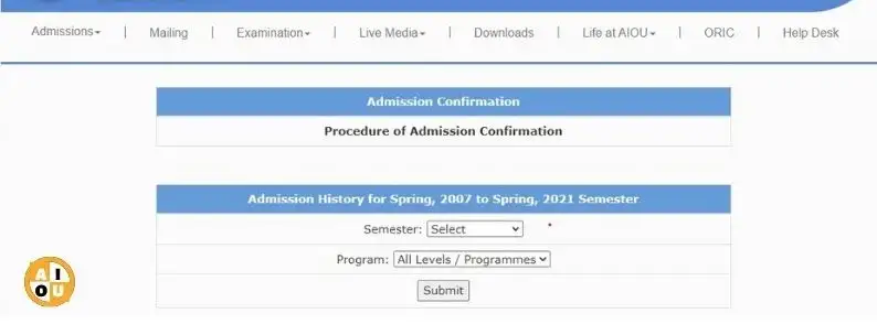 aiou admission confirmation page