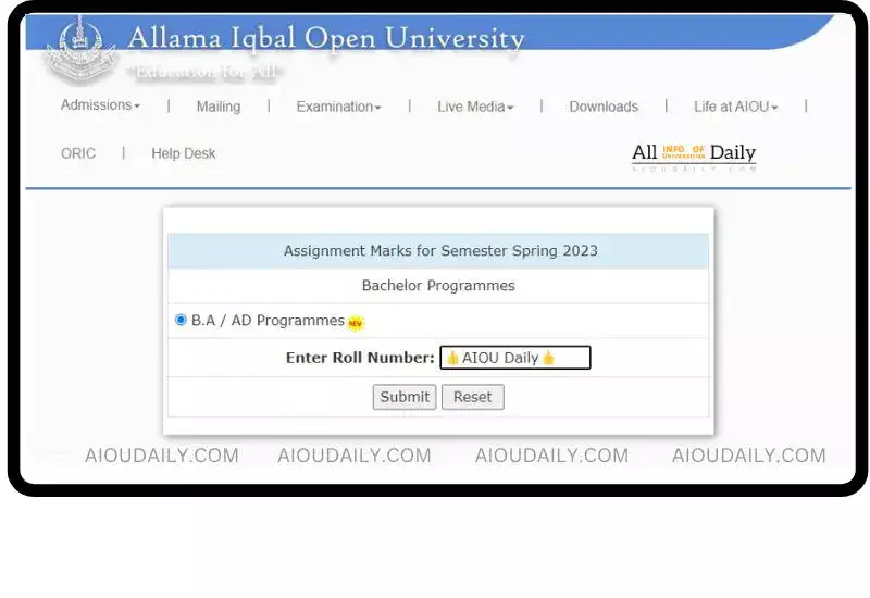 AIOU Assignment Marks by roll number